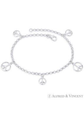 Peace Sign Charm on Rolo Link Italian Chain Anklet in .925 Sterling Silver - 10"